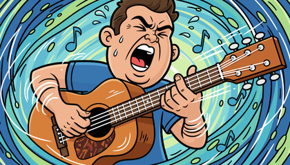 Energetic male guitarist passionately singing and playing an acoustic guitar with intense facial expression, surrounded by swirling blue and green abstract musical notes and sound waves, capturing