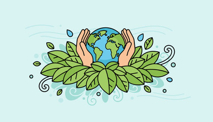 Vivid illustration of hands cradling the Earth globe amidst lush green leaves, symbolizing environmental protection, sustainability, and the delicate balance of nature, with subtle water droplets and