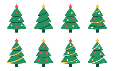 Vector set of cute green Christmas trees with stars on top, ornaments, garlands, and decorations, balls. New year illustration for holiday cards, festive decor, winter celebration.