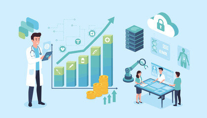 Modern healthcare business concept with doctor analyzing data on tablet, robotic arm, cloud storage, EMR system, and financial growth chart, symbolizing innovation and digital transformation in
