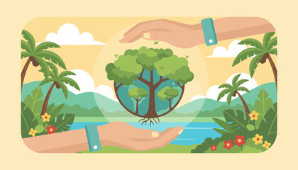 Hands cradling a vibrant globe-shaped tree, symbolizing environmental protection and the nurturing of nature, set against a backdrop of lush tropical foliage, palm trees, a serene lake, and rolling