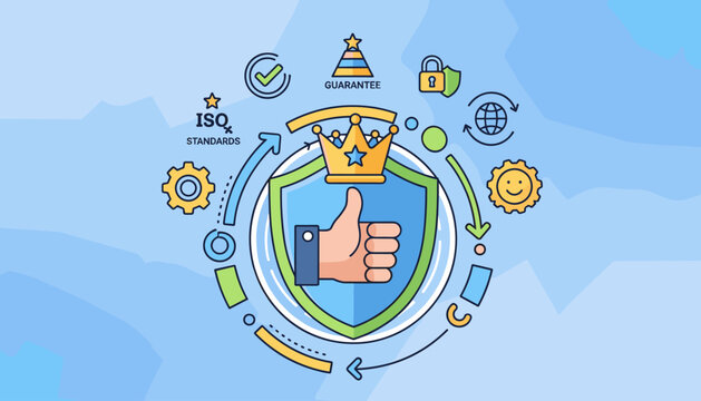 Conceptual illustration of top service quality and ISO standards, featuring a hand giving a thumbs-up gesture inside a shield with a crown, surrounded by icons representing guarantee, security