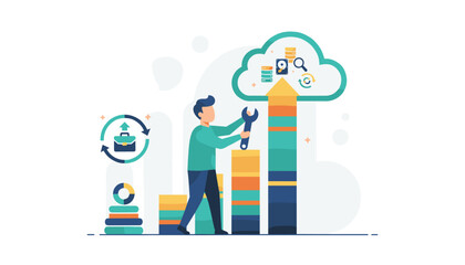 Vivid illustration of a businessman working on cloud computing growth charts, symbolizing data analysis, technology integration, and business development with a wrench and briefcase icon