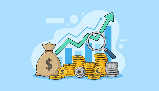 Vibrant illustration of a stock market graph with an upward trend, symbolizing financial growth, accompanied by a money bag and stacks of gold and silver coins, with a magnifying glass examining the