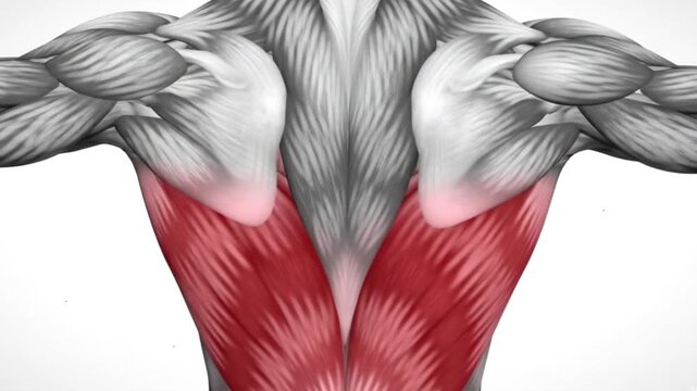 Anatomical illustration showing the back muscles with latissimus dorsi highlighted in red color 100