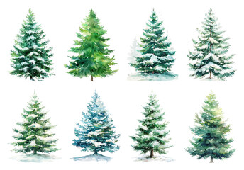 Obraz premium Watercolor snowy evergreen trees illustration.