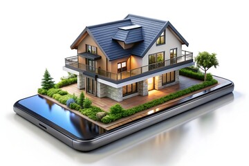 Modern house model on a smartphone screen, real estate online concept