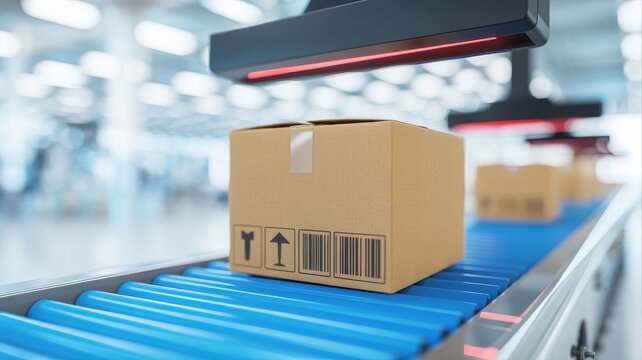 Barcode Scanner Reading a Label on a Conveyor Belt Package. cardboard box moving on a blue conveyor belt. The box is passing under an overhead barcode scanner