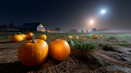 Faceless Halloween night in a rural field — scattered pumpkins, soft moon glow, low fog and silhouette of a barn in distance, with copy space.