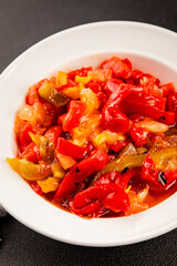 Roasted pepper salad vegetables dish natural product tasty snack fresh delicious gourmet food background on the table rustic top view copy space keto and paleo diet vegan and vegan food