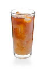 Tasty iced coffee with milk in glass isolated on white