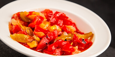 Roasted pepper salad vegetables dish natural product tasty snack fresh delicious gourmet food background on the table rustic top view copy space keto and paleo diet vegan and vegan food