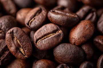 Naklejka premium Dark Roasted Coffee Beans Scattered on a Wooden Surface With Close-Up Focus