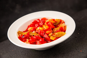Roasted pepper salad vegetables dish natural product tasty snack fresh delicious gourmet food background on the table rustic top view copy space keto and paleo diet vegan and vegan food