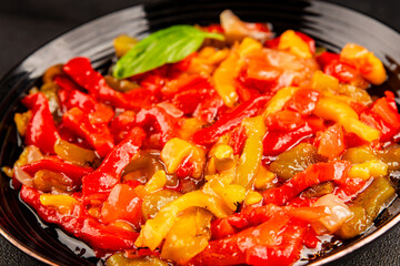 Roasted pepper salad vegetables dish natural product tasty snack fresh delicious gourmet food background on the table rustic top view copy space keto and paleo diet vegan and vegan food