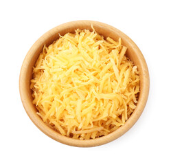 Grated cheese in bowl isolated on white, top view