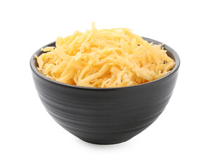Grated cheese in bowl isolated on white