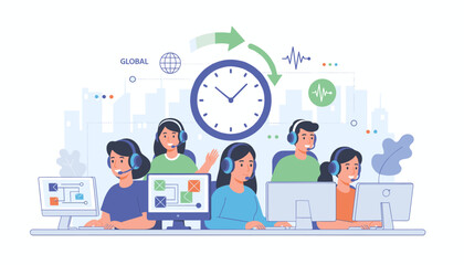 Diverse team of customer service operators wearing headsets, working at computers in a modern office setting, with a large clock symbolizing time efficiency and global connectivity represented by a