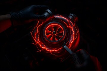 Cinematic Turbocharger Glowing With Neon Energy During Repair