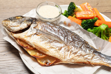 Tasty grilled fish, vegetables and sauce on wooden table, closeup
