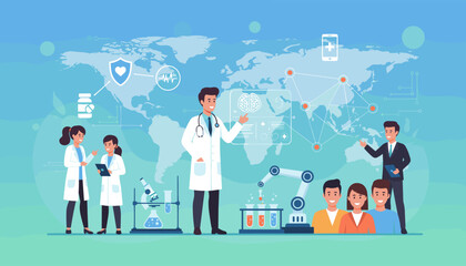 Digital healthcare concept with doctors and scientists collaborating on global medical research, utilizing advanced technology, AI, and robotic automation for innovative treatments and patient care