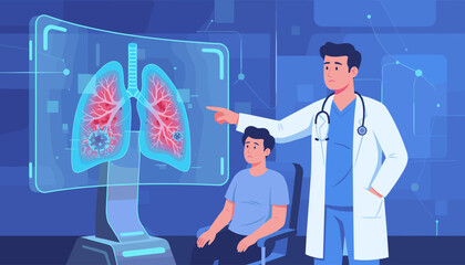 Doctor points to a holographic display of lungs infected with COVID-19 virus, explaining the condition to a concerned patient in a medical consultation, highlighting the impact of the pandemic on