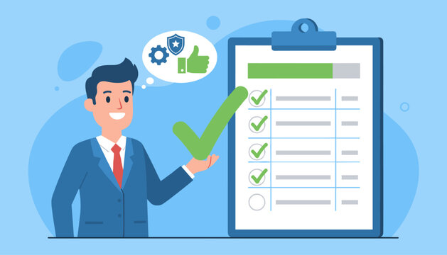 Successful businessman with a checklist and a large green checkmark, symbolizing completion and approval, with icons of a gear, shield, and thumbs up in a thought bubble, representing evaluation and