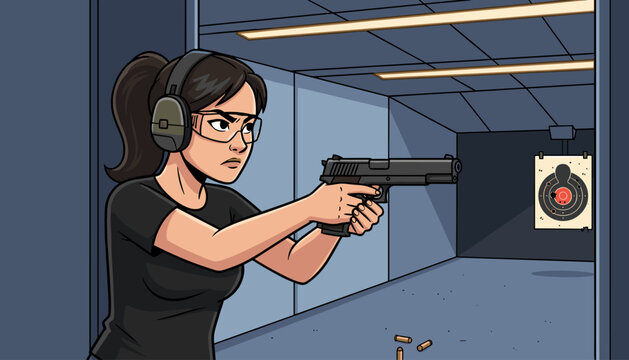 A determined woman wearing protective eyewear and earmuffs aims a handgun at a target in an indoor shooting range, practicing her marksmanship with focus and precision, surrounded by the sterile