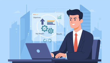 Modern flat illustration of a businessman working on a laptop, visualizing OKRs (Objectives and Key Results) with gears, charts, and progress bars against a backdrop of city skyscrapers, symbolizing