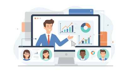 Engaging online presentation or webinar with a smiling businessman explaining charts and graphs to a diverse group of remote participants connected via video conference, illustrating digital business