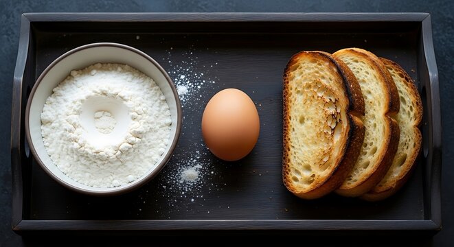 Top view of a dark tray with a bowl of flour, a whole egg, and three slices of toasted bread, representing baking ingredients and a simple meal
