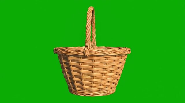 Woven wicker basket with handle on a vibrant green background