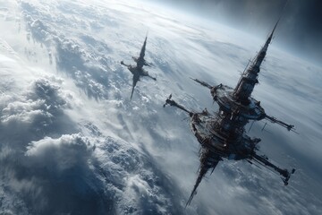 Naklejka premium Two futuristic spacecraft clash above Earth atmosphere, surrounded by dramatic clouds and debris. The image captures sci-fi action, tension, and epic conflict.