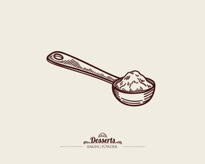 Small measuring spoon with baking powder. Teaspoon with flour, vector line art illustration.