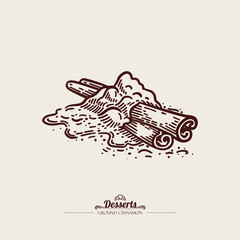 Two cinnamon sticks on a hill of ground cinnamon. vector linear illustration.