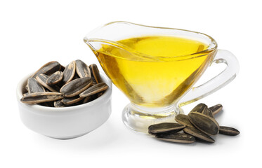 Sunflower seeds and oil isolated on white