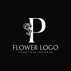 Initial Letter P Rose Flower Logo Design Template Inspiration, Vector Illustration. Black Background