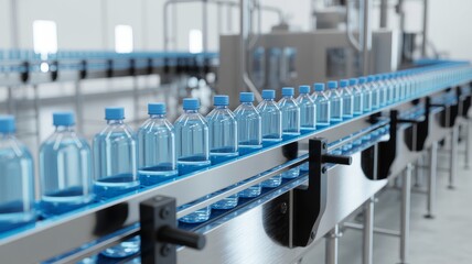 Fototapeta premium Bottling Plant Production Line with Conveyor Belt. bottling plant production line. A metal conveyor belt is transporting clear plastic bottles in a single file line. The background is a blurred