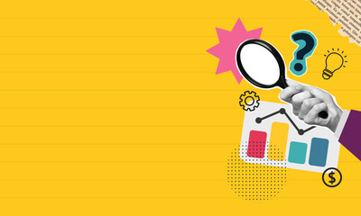 Trendy Halftone Collage Search idea. Hand holding magnifying glass, business concept.