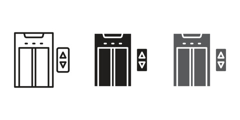 Elevator and lift icons in flat, glyph, and line art styles for building directories, maps, or vertical transportation systems.
