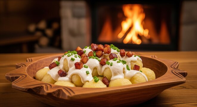 Traditional slovak bryndzove halusky served in a wooden bowl in front of a cozy fireplace