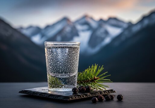 Shot of traditional slovak borovicka gin liqueur with juniper berries in the tatra mountains