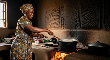 Happy african woman in traditional clothing cooking food on a fire in a rustic kitchen hut