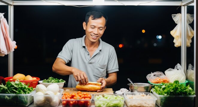 Happy asian street food vendor making a traditional vietnamese banh mi sandwich at his stall