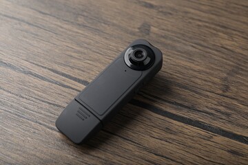 Modern hidden spy camera on wooden table, closeup