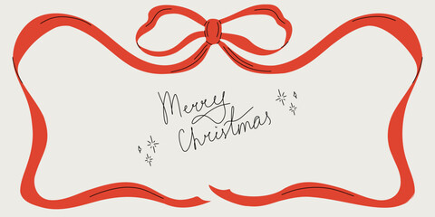 Vintage red ribbon frame with Merry Christmas words. Hand drawn bow border for greeting cards or Christmas party invitations in coquette style. Vector illustration