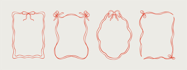 Vintage red ribbon frame set. Coquette elegant frames and borders for Valentine cards, greeting cards, wedding, birthday, Christmas party invitations. Vector design
