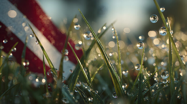 Morning dew on grass with blurred Latvian flag symbolizing purity hope and renewal on Independence Day of Latvia