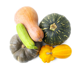 Many fresh pumpkins and other vegetables of gourd family isolated on white, top view © New Africa