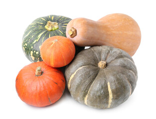 Many fresh pumpkins isolated on white. Gourd vegetables